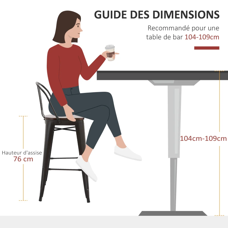 HOMCOM Lot de 4 tabourets de Bar Industriel avec Dossier Repose-Pied Hauteur Assise 76 cm métal café foncé Panneaux Multicouches Imitation Bois chêne foncé