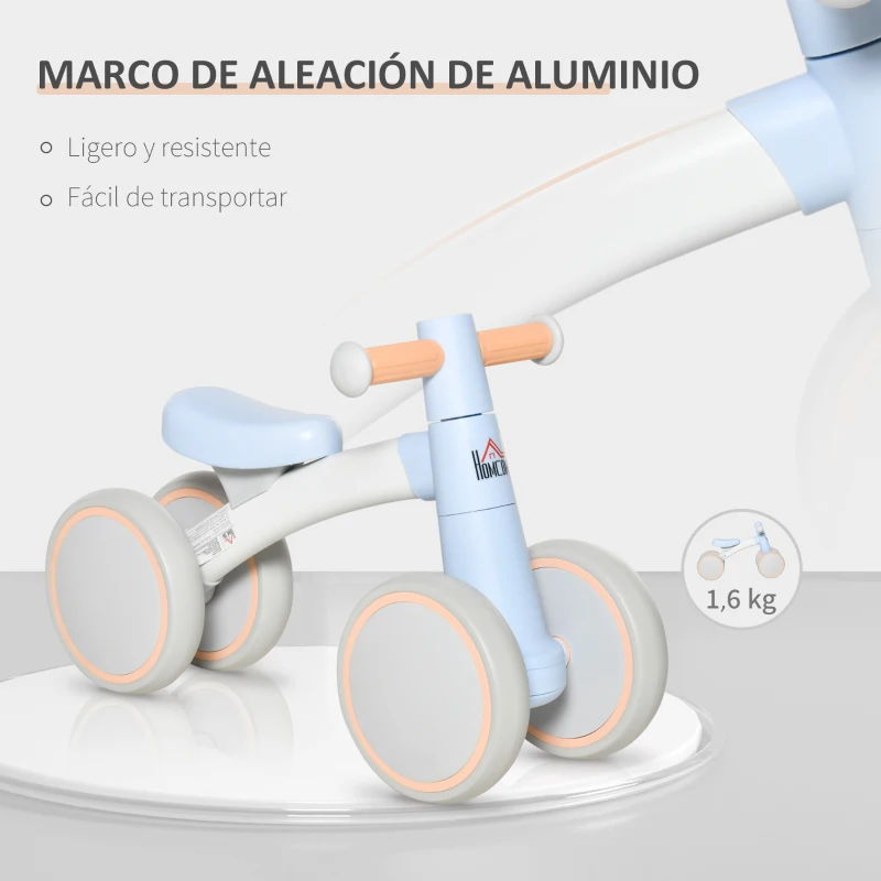 HOMCOM Bicicleta sin Pedales para Niños de 1-3 Años Bicicleta de Equilibrio con 4 Ruedas Ligeras Correpasillos Infantil 60x24x37 cm Azul