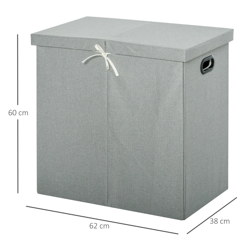 HOMCOM Linen Folding Laundry Basket, Hamper Bin with 2 Sections, Lid and Removable Liner and Handles, 115L Storage Capacity, Grey