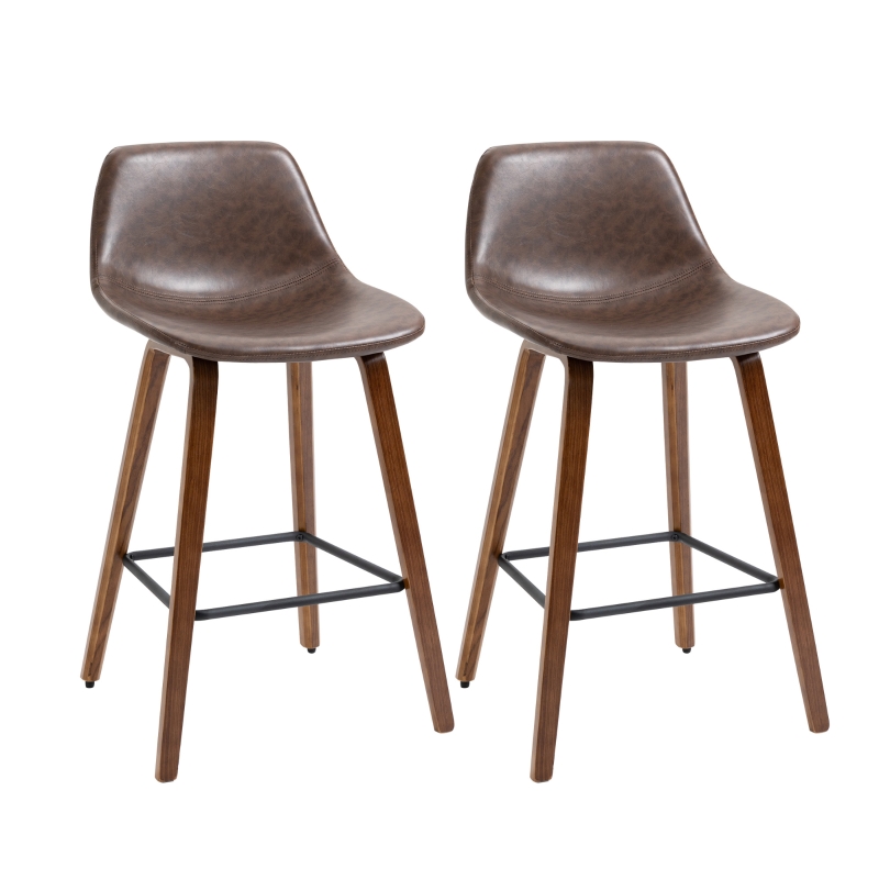 HOMCOM Counter Height Bar stools Set of 2 Mid-Back PU with Wood Legs, Brown