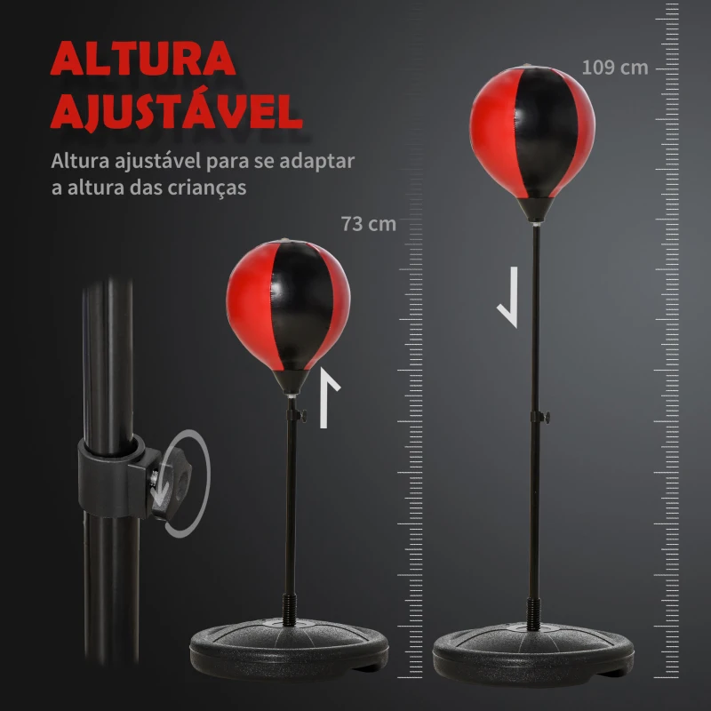 HOMCOM Punching Ball de Boxe para Crianças de +3 Anos com Altura Ajustável Luvas e Inflador Base 33x33x73-109cm Preto e Vermelho