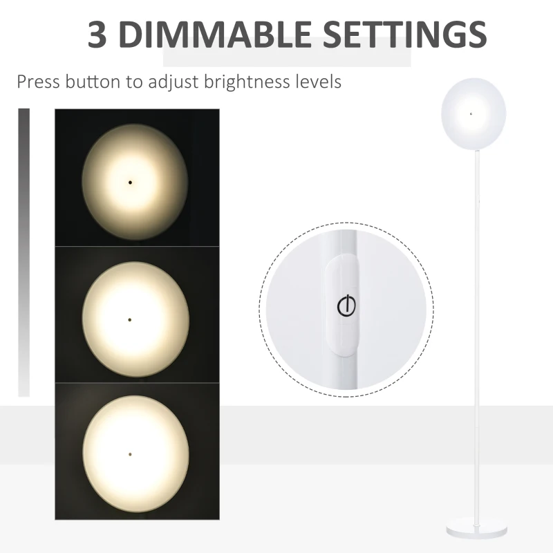 HOMCOM Modern Floor Lamp, Dimming Uplighter Standing Lamp with 3 Brightness, Adjustable Head for Living Room, Bedroom, 171.5cm, White