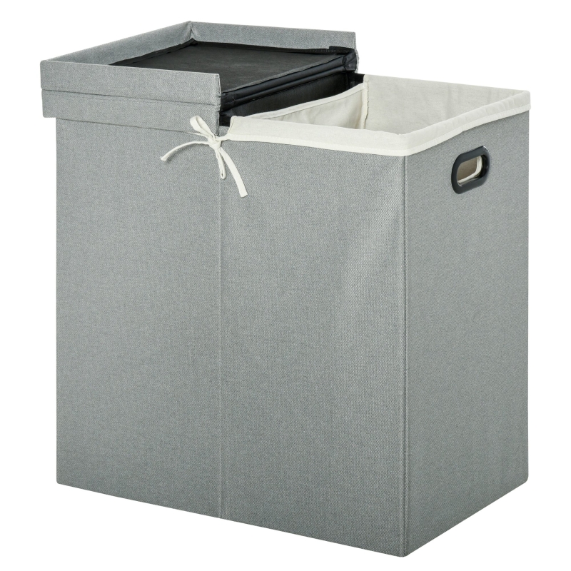 HOMCOM 115L Folding Laundry Hamper Storage Basket 2 Sections w/ Lid Removable Liner