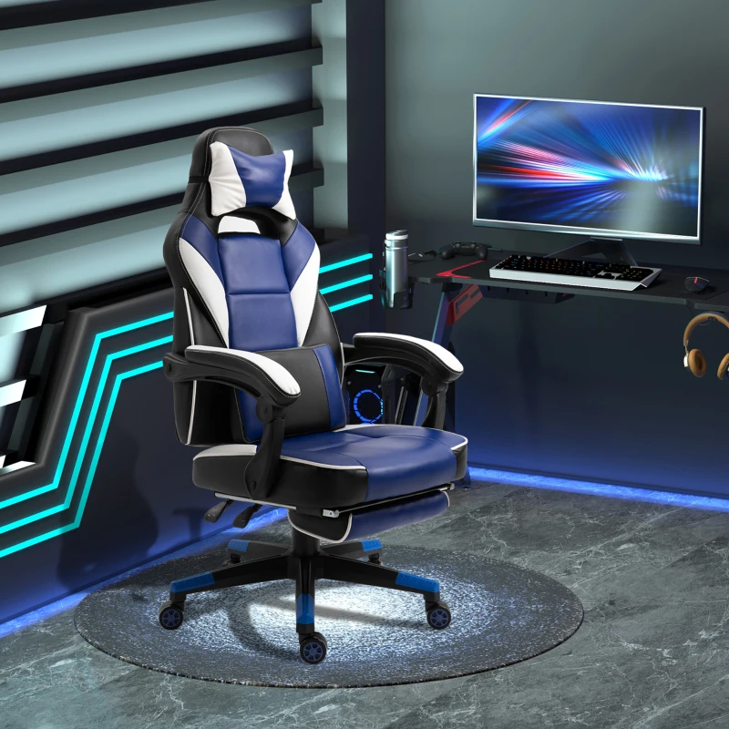 Vinsetto Cool & Stylish Gaming Chair Ergonomic Recliner w/ Thick Padding Footrest Neck & Back Pillow 5 Wheels Racing Swivel Height Adjustable Home Office Blue