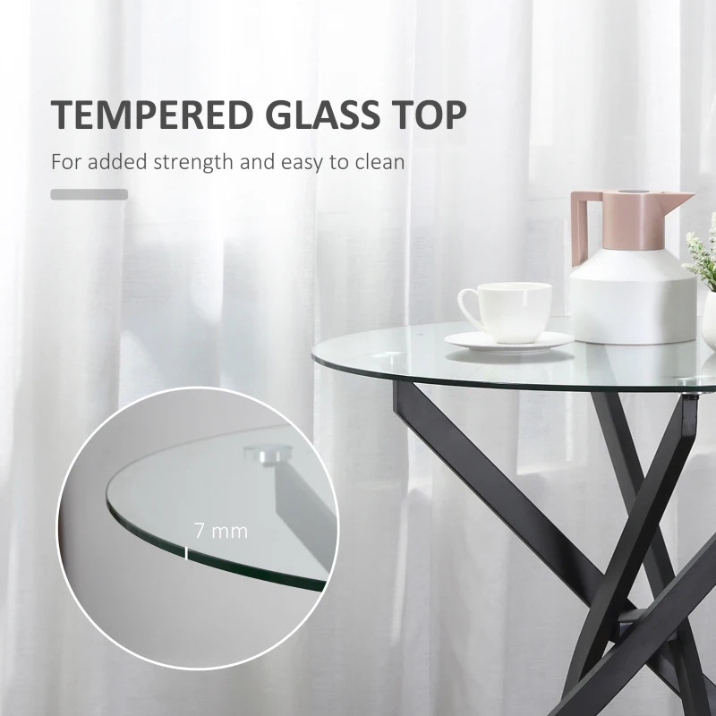 HOMCOM Dining Table with Clear Tempered Glass Top, Round Table with Metal Legs, Modern Kitchen Table for Dining Room Living Room, Black