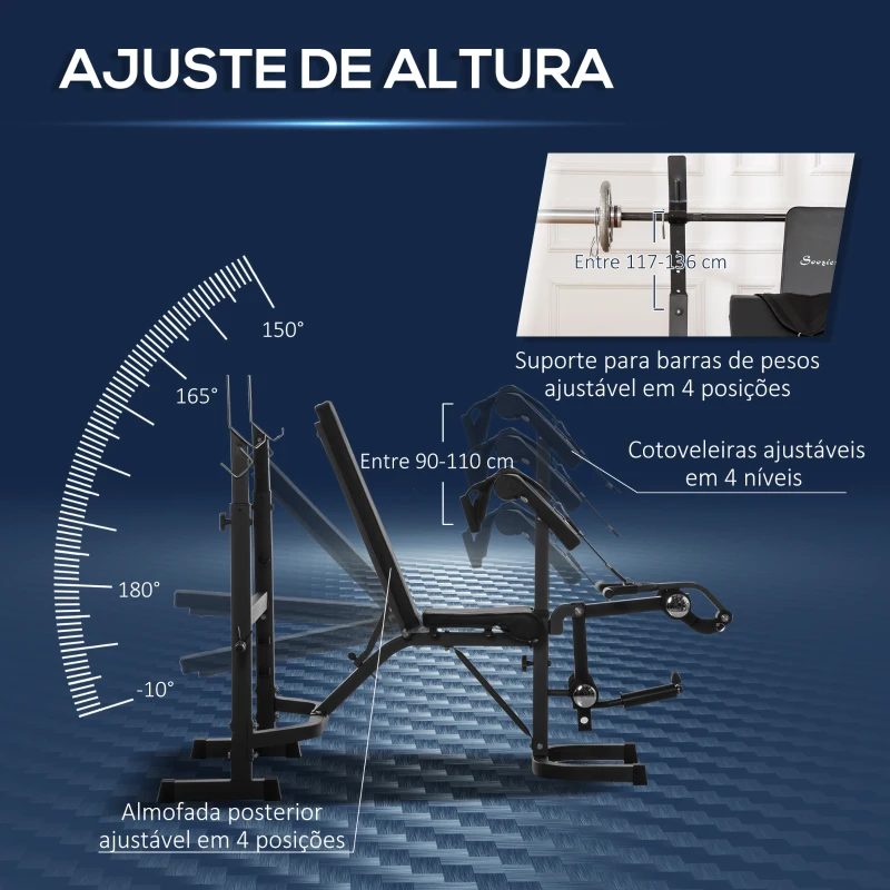 HOMCOM Banco de Musculação Multifuncional Banco de Pesos com Encosto Inclinável e Suporte de Barras com Altura Ajustável para Treinamento do Corpo Completo 187x140x117-136cm Preto