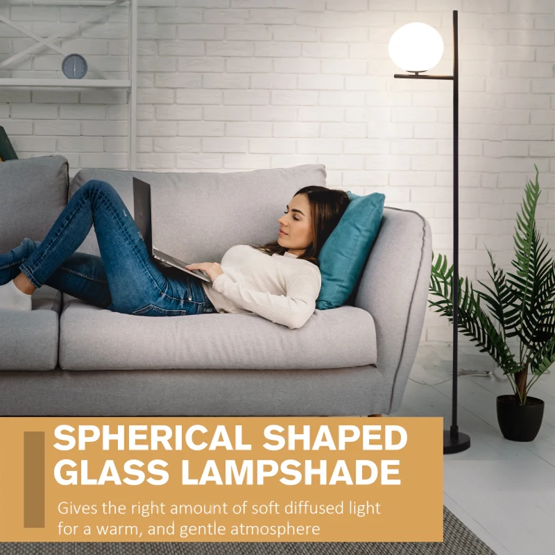 HOMCOM Modern Floor Lamp Metal Frame Sphere Light w/ Pedal Switch, Standing Lamp for Home Office Living Room, 159cm, Black