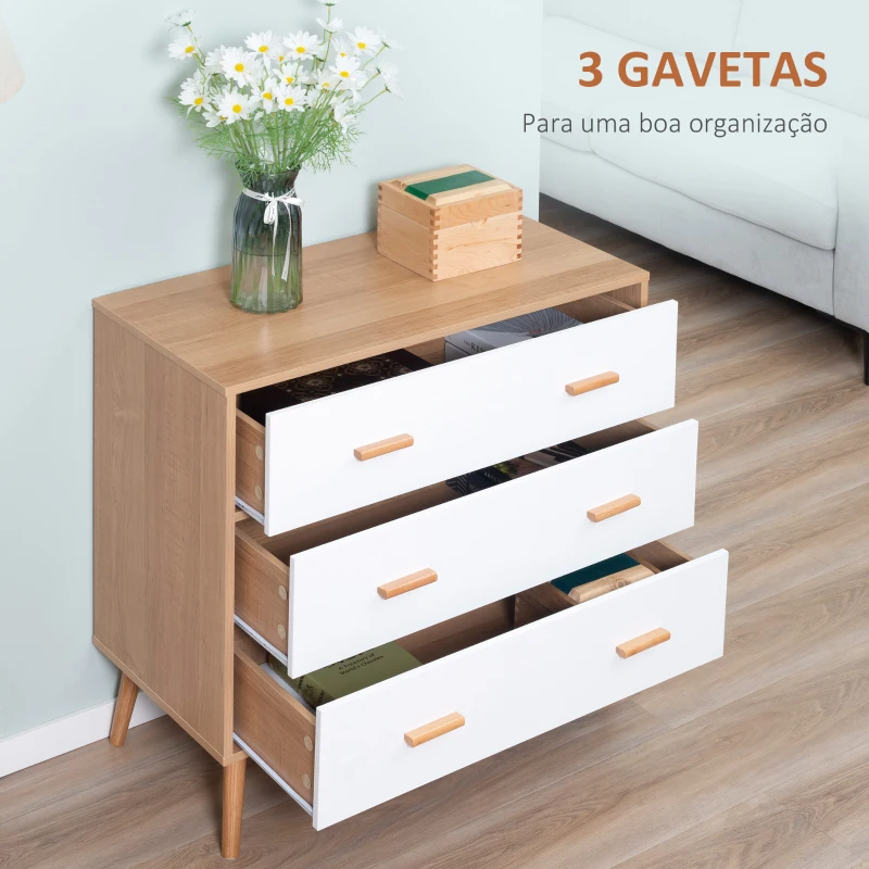 HOMCOM Cómoda de Madeira com 3 Gavetas Armário Auxiliar de Armazenamento Moderna com Pés Elevados para Dormitório Sala de Estar 80x39x80cm Branco e Madeira Natural