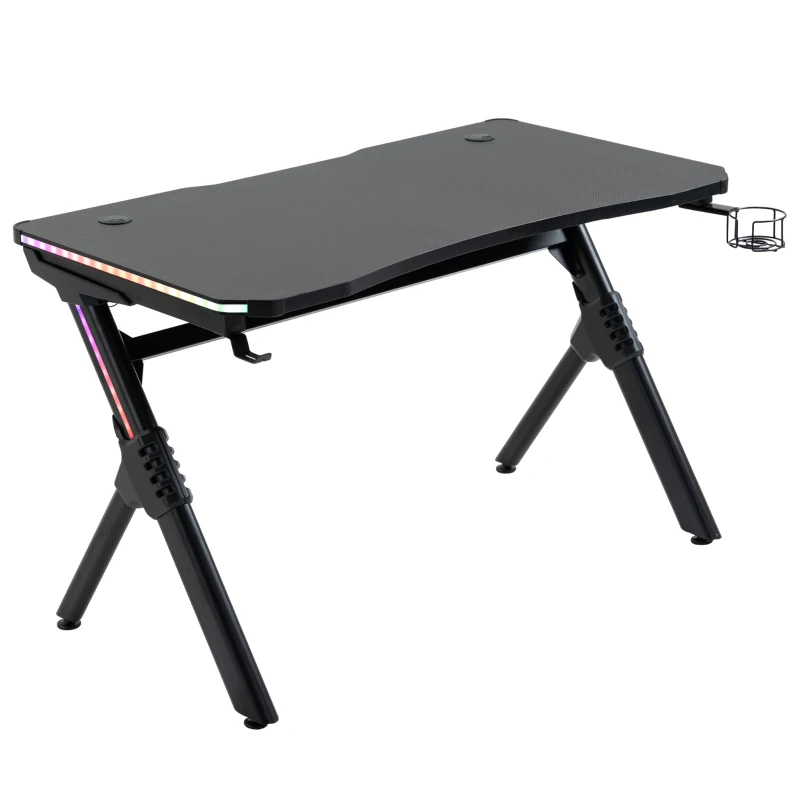 HOMCOM Gaming Desk with RGB LED Lights, Racing Style Computer Table with Carbon Fibre Surface, Cup Holder, Cable Management, Black
