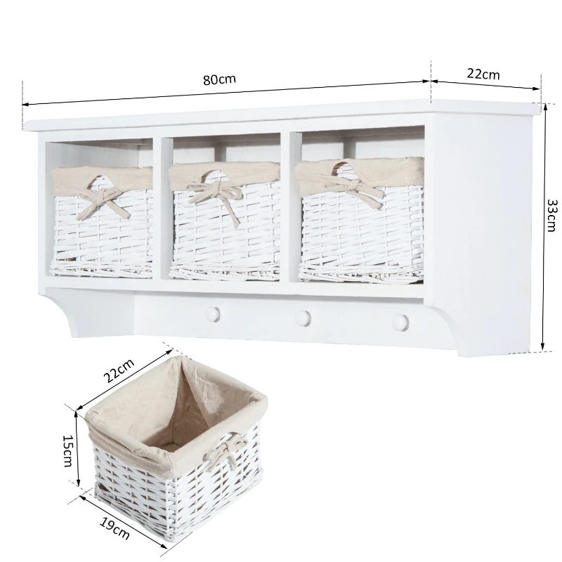 HOMCOM Entryway Coat Rack Wall Mounted Shelf w/Wicker Basket and Hooks (3 Baskets, White)