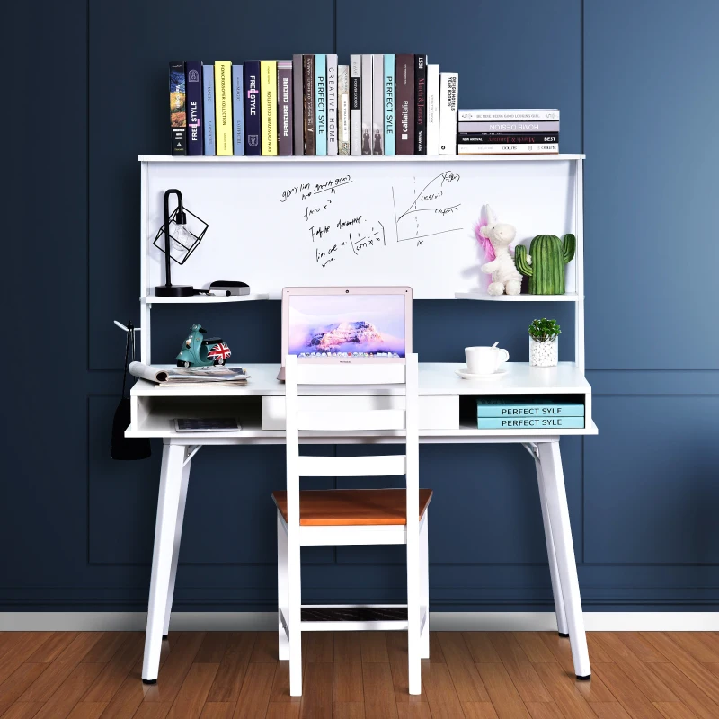 HOMCOM Home Office Computer table with whiteboard Storage Desktop study workstation Adjustable Feet White