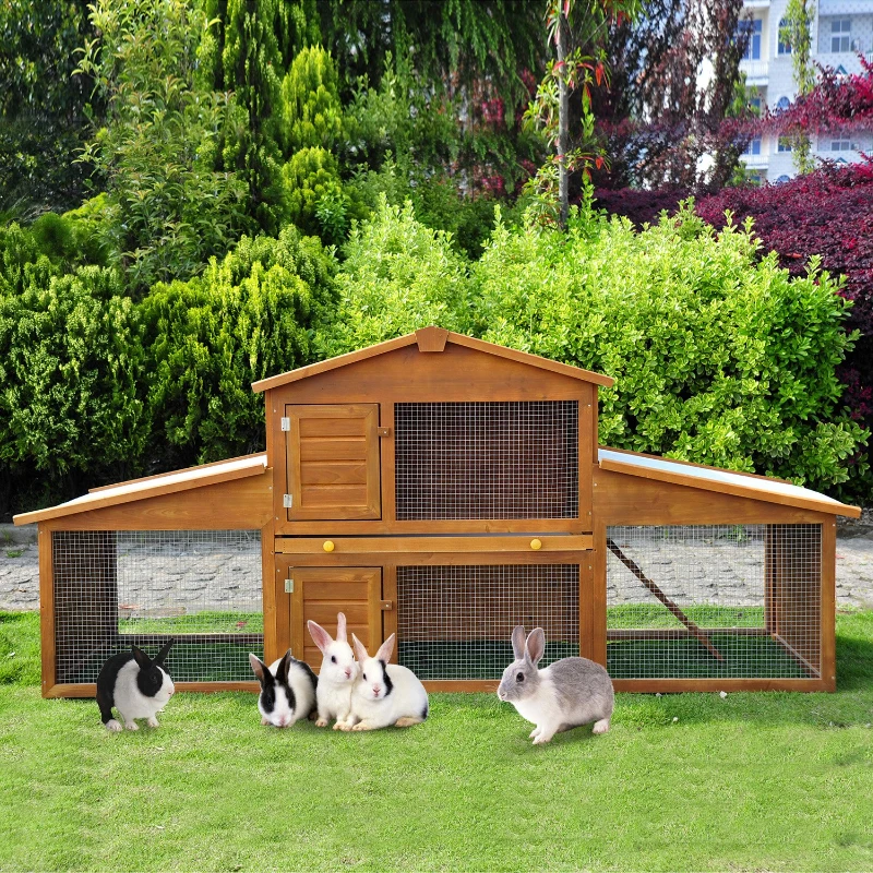 PawHut Small Animal Deluxe XXL Fir Wood 2-Tier Guinea Pigs Hutches Natural Wood Tone