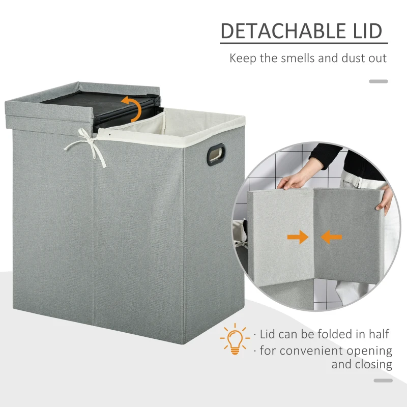 HOMCOM Linen Folding Laundry Basket, Hamper Bin with 2 Sections, Lid and Removable Liner and Handles, 115L Storage Capacity, Grey