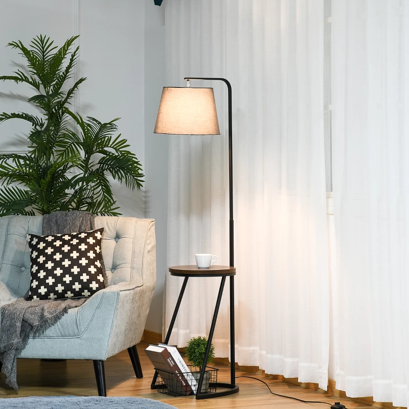HOMCOM 165cm Unique Floor Lamp & Middle Wood Shelf Industrial Style Steel Frame Curved Base Home Office Lighting Storage Brown&Black