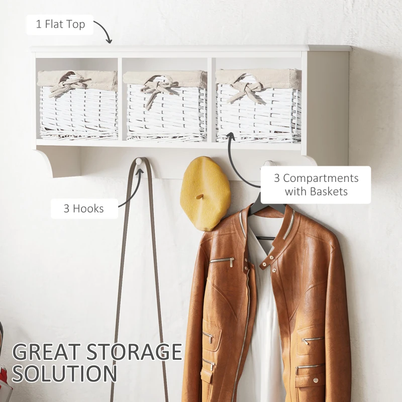 HOMCOM Entryway Coat Rack Wall Mounted Shelf w/Wicker Basket and Hooks (3 Baskets, White)