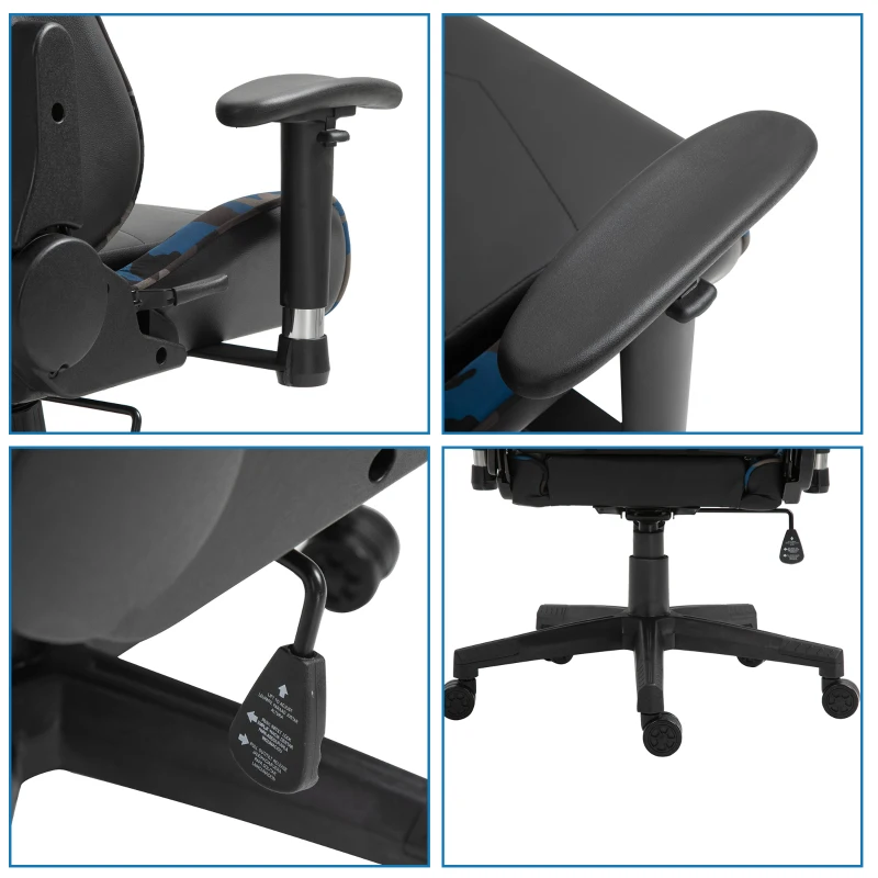 Vinsetto Gaming Office Chair w/ Massage Lumbar Support, Camouflage Panels, 5 Wheels, Adjustable Arms Height, High Back Racing Gamer Recliner, Blue