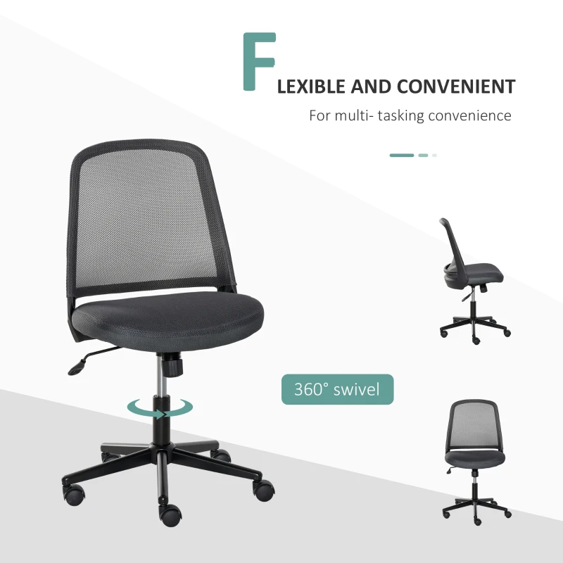 Vinsetto Swivel Mid Back Office Chair Mesh Fabric Computer Home Study Bedroom Conference Armless Leisure Chair with Wheels, Grey