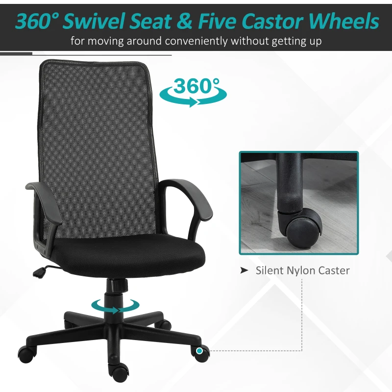 Vinsetto Executive High Mesh Back Office Chair w/ Fixed Armrests Adjustable Height Wheels Wide Padded Seat Home Work Comfort Support Black