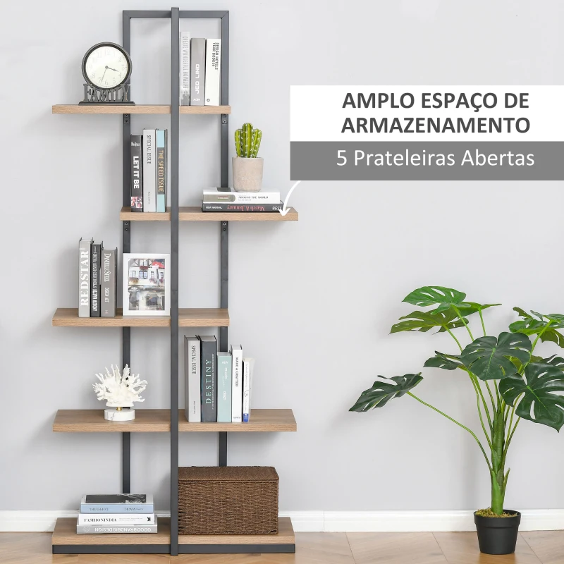 HOMCOM Estante Estilo Industrial de 5 Níveis Estante para Livros Metálica com Desenho Assimétrico para Sala de Estar Escritório Dormitório 80x39x179,5cm Madeira e Preto