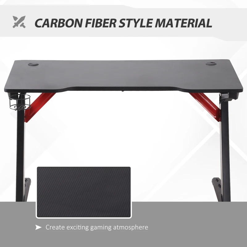 HOMCOM Racing Style Gaming Desk with LED Lights, Z-Shaped Computer Table Workstation with Cup Holder, Headphone Hook and Cable Management Holes for Study, Home Office, Black