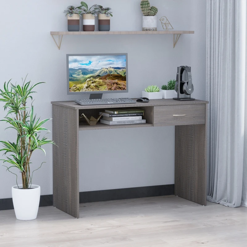 HOMCOM Compact Computer Desk, Study Table with Drawer and Storage Compartment, Writing Workstation, Grey