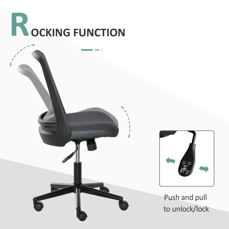 Vinsetto Swivel Mid Back Office Chair Mesh Fabric Computer Home Study Bedroom Conference Armless Leisure Chair with Wheels, Grey