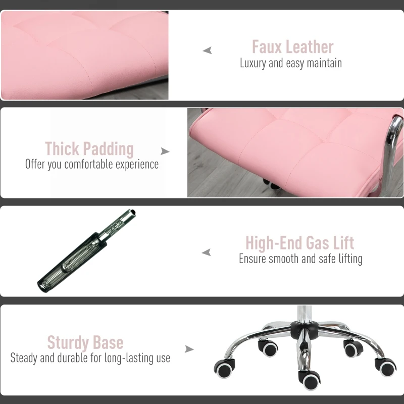 Vinsetto Makeup Vanity Chair, PU Leather Mid Back Office Chair with Adjustable Height, Armrest and Rolling Wheels, Pink