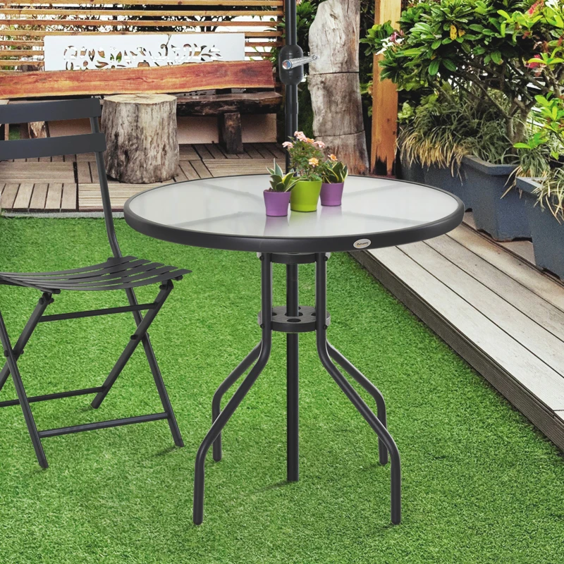 Outsunny Mesa de Jardim Redonda Mesa Sala de Jantar de Cristal Temperado com Orifício para Chapéu de Sol Estrutura Metálica para Pátio Terraço Exterior Ø80x72cm Preto