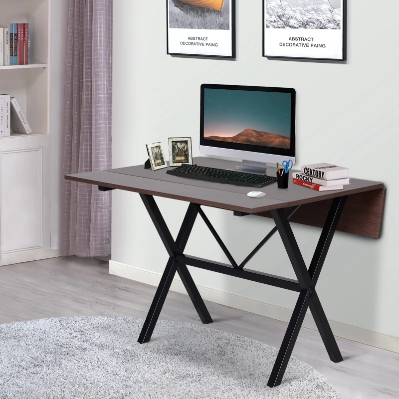 HOMCOM Dining Table Drop Leaf Metal Frame MDF Top Folding Expandable 6 Person Brown