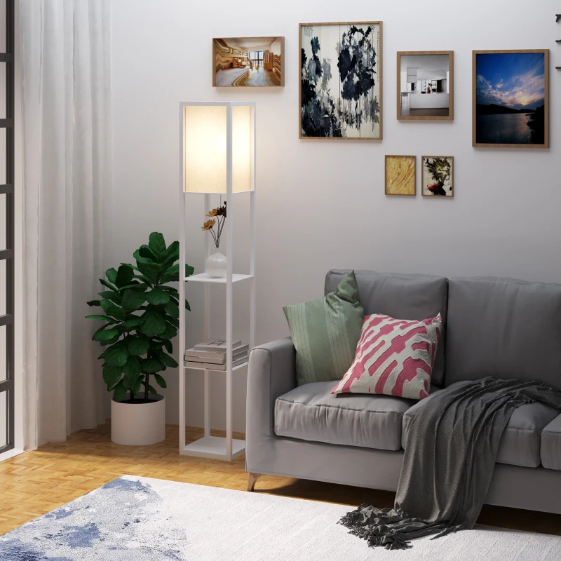 HOMCOM 3-Tier Floor Lamp, Floor Light with Storage Shelf, Reading Standing Lamp for Living Room, Bedroom, Kitchen, Dining Room, Office, Dorm, 160cm, White
