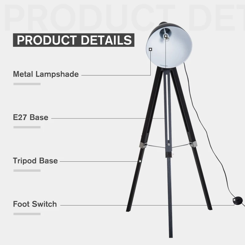HOMCOM Tripod Floor Lamp, Spotlight Reading Lamp w/ Adjustable Height, Angle, Wood Legs for Living Room, Bedroom, Home, Office, Black and White