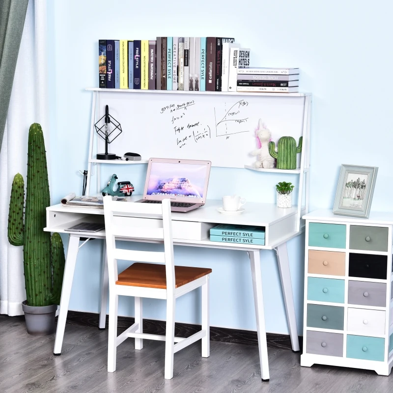 HOMCOM Home Office Computer table with whiteboard Storage Desktop study workstation Adjustable Feet White
