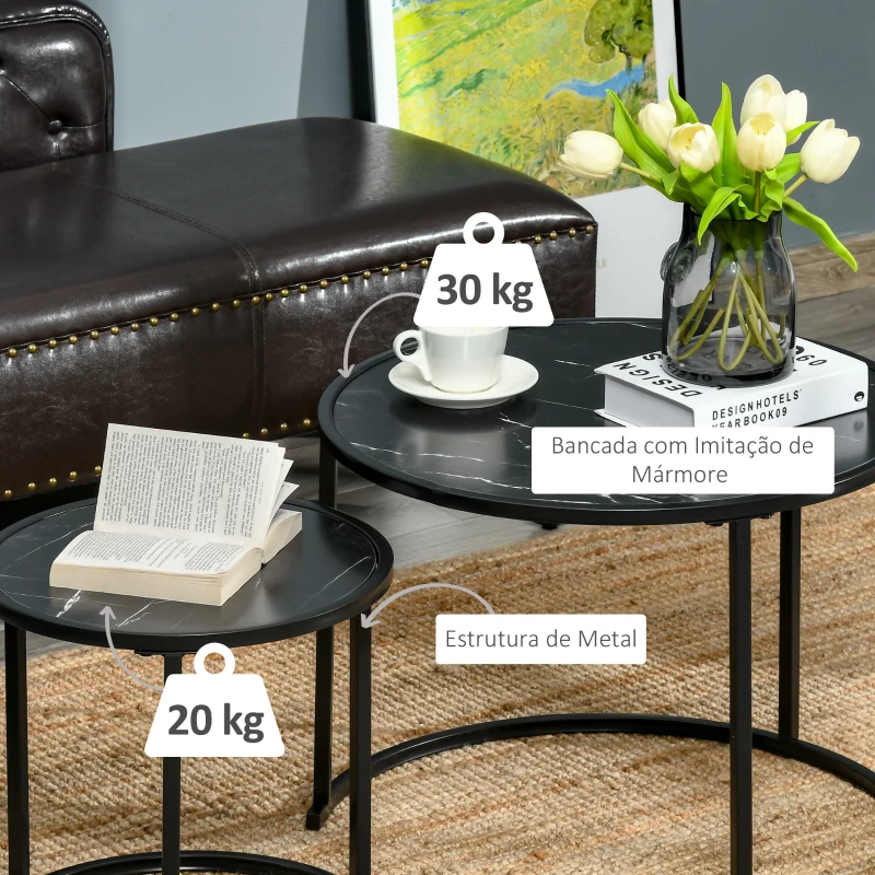 HOMCOM Conjunto de 2 Mesas Auxiliares Redondas Empilháveis Mesa de Centro Modernas com Bancada em Efeito de Mármore e Estrutura de Aço Ø60x46cm e Ø40x40cm Preto