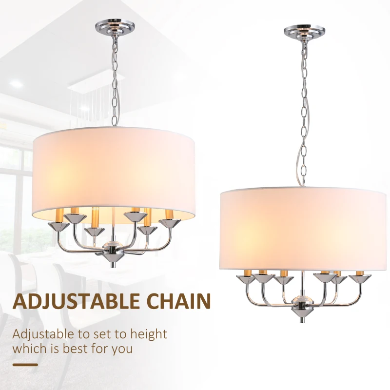 HOMCOM Modern Chandelier Candle Pendant Light Fabric Lampshades with Adjustable Hanging Chain for Living Room, Dining Room, Kitchen, White