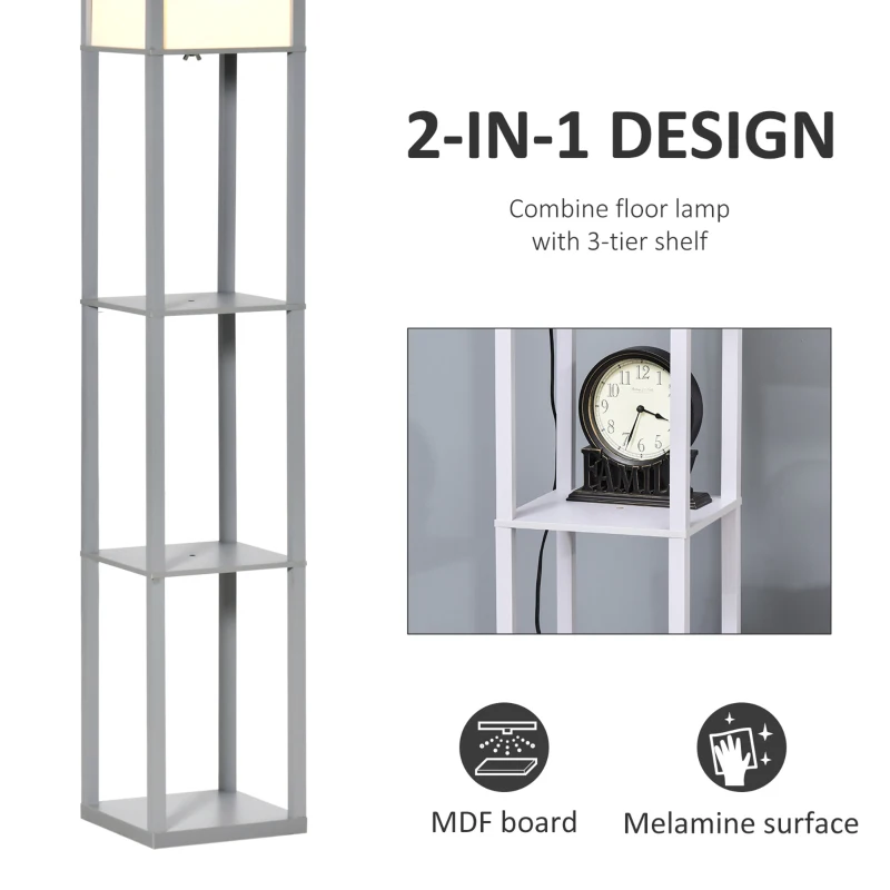 HOMCOM 3-Tier Floor Lamp, Floor Light with Storage Shelf, Reading Standing Lamp for Living Room, Bedroom, Kitchen, Dining Room, Office, Dorm, 160cm, Grey