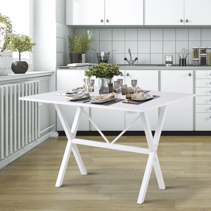 HOMCOM Dining Table Drop Leaf Metal Frame MDF Top Folding Expandable 6 Person White