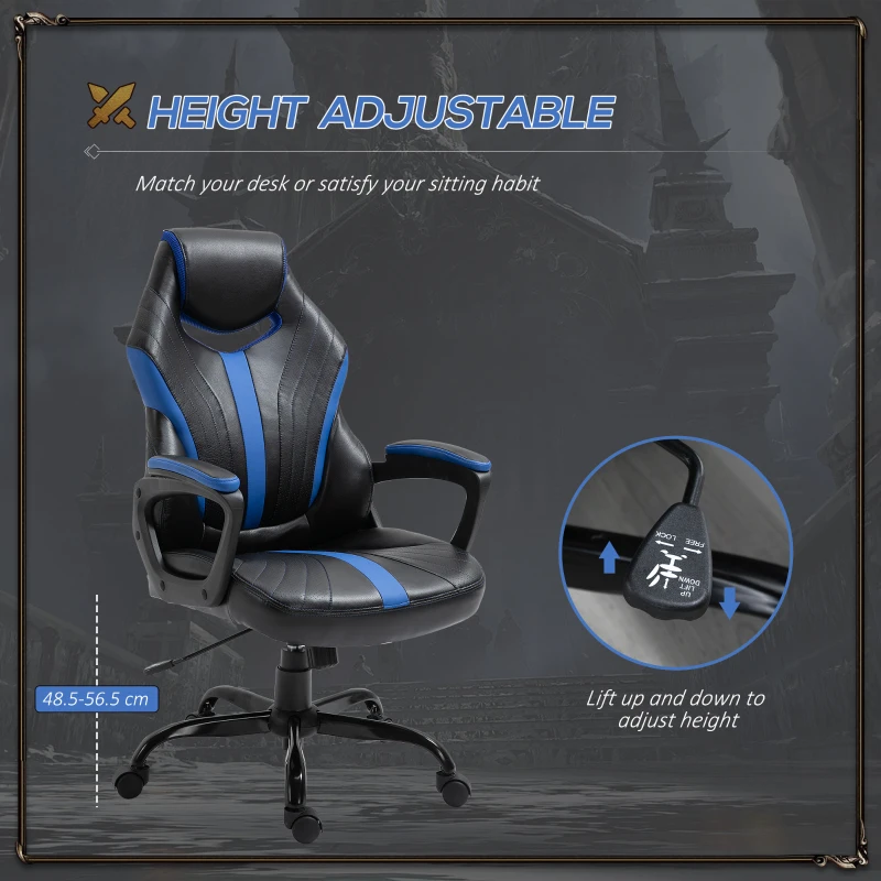 Vinsetto Computer Gaming Chair, Desk Chair with Breathable PU Leather Back and Seat, Soft Padded Armrests and Rolling Wheels for Adults and Gamers, Blue