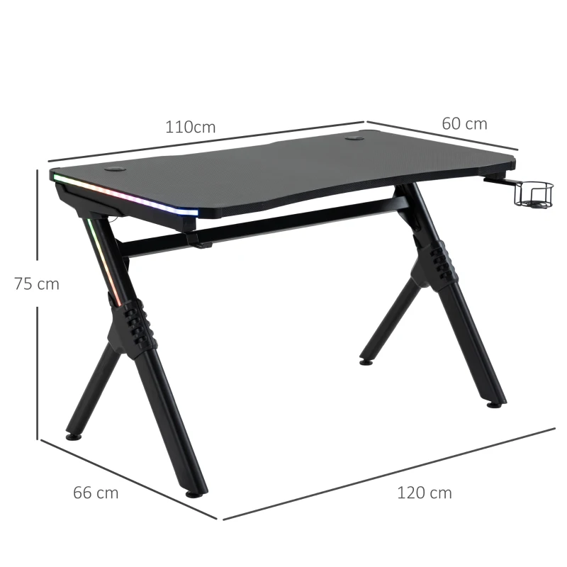 HOMCOM Gaming Desk with RGB LED Lights, Racing Style Computer Table with Carbon Fibre Surface, Cup Holder, Cable Management, Black