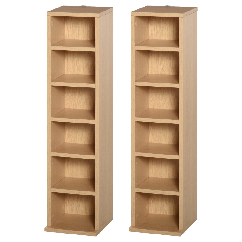 HOMCOM Set of 2 CD Media Display Shelf Unit Tower Rack w/ Adjustable Shelves Anti-Tipping Bookcase Storage Organiser Home Office Natural Wood Color