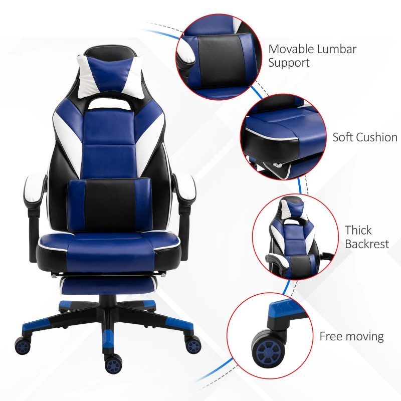Vinsetto Cool & Stylish Gaming Chair Ergonomic Recliner w/ Thick Padding Footrest Neck & Back Pillow 5 Wheels Racing Swivel Height Adjustable Home Office Blue