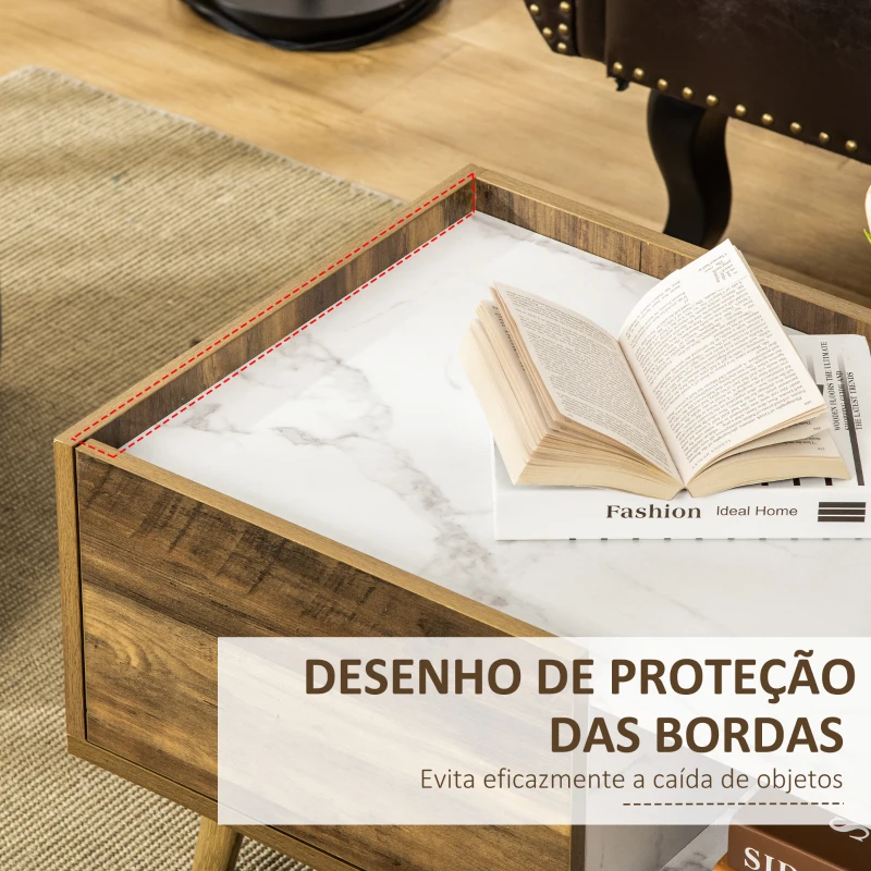 HOMCOM Mesa de Centro para Sala de Estar com Gaveta e Prateleira Aberta Mesa de Centro Estilo Industrial com Bancada com Efeito de Mármore e Pés de Madeira Elevados 80x45x40,5cm Marrom Rústico e Branco