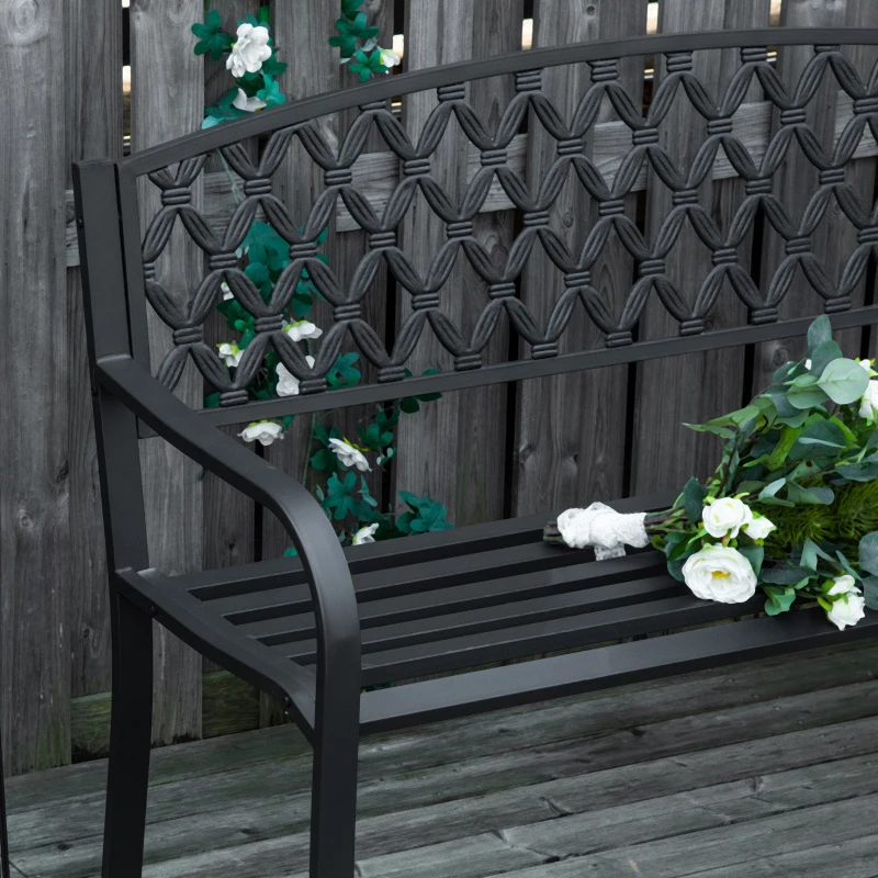 Outsunny Banco de Jardim de 2 Lugares com Encosto Decorativo e Apoio para os Braços para Terraço Varanda Pátio Exterior Carga 280kg Ferro Fundido e Aço 128x58,5x89cm Preto