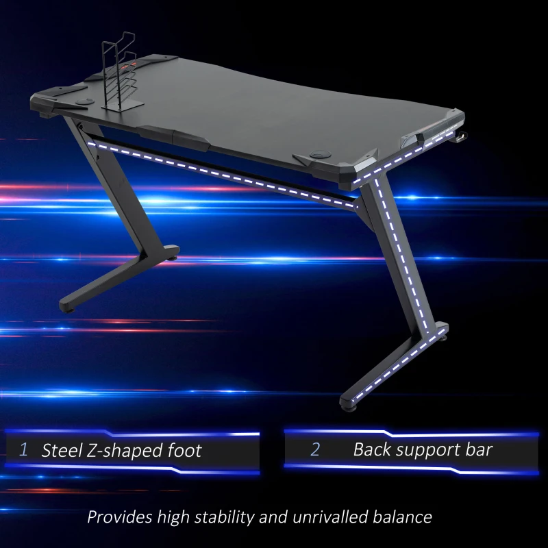 HOMCOM 122 x 66 cm Racing Gaming Desk, Computer Table with Cup Holder and Headphone Hook, Black