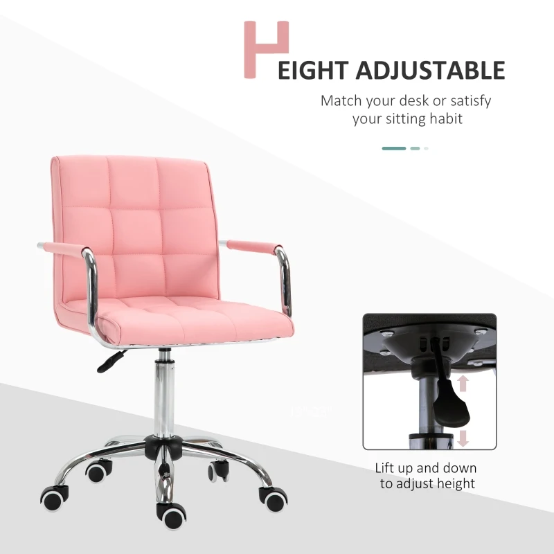 Vinsetto Makeup Vanity Chair, PU Leather Mid Back Office Chair with Adjustable Height, Armrest and Rolling Wheels, Pink