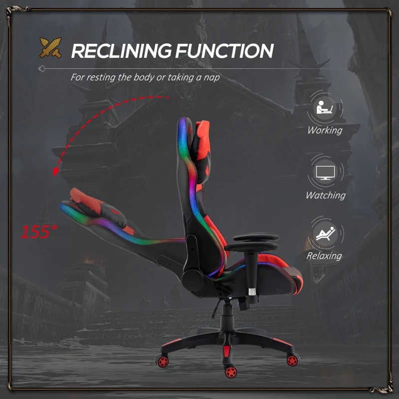 Vinsetto Racing Gaming Chair with RGB LED Light, Lumbar Support, Adjustable Height, Swivel Home Office Computer Recliner High Back Gamer Desk Chair, Black Red
