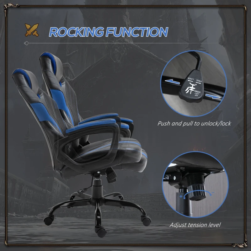 Vinsetto Computer Gaming Chair, Desk Chair with Breathable PU Leather Back and Seat, Soft Padded Armrests and Rolling Wheels for Adults and Gamers, Blue