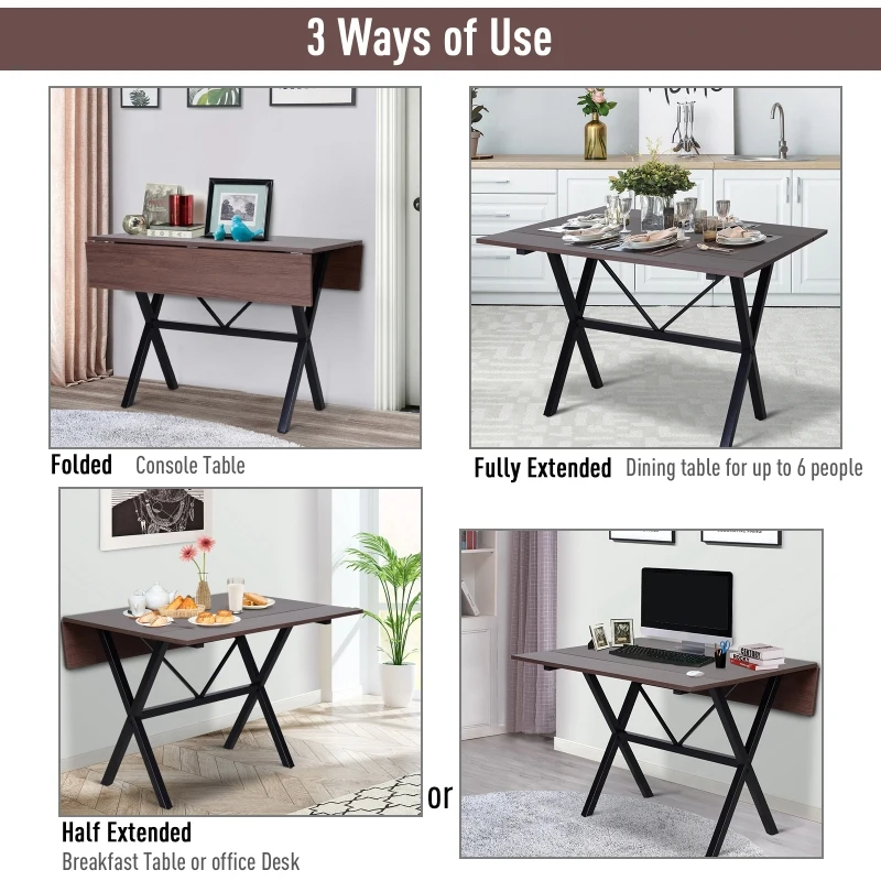 HOMCOM Dining Table Drop Leaf Metal Frame MDF Top Folding Expandable 6 Person Brown