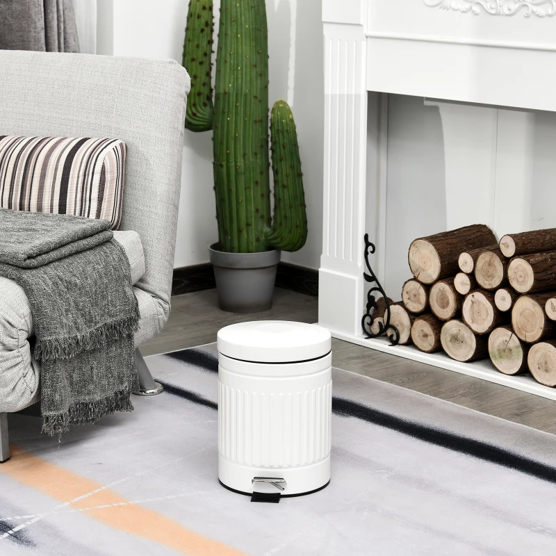 HOMCOM 5L Compact Bin Steel Body Removable Bucket Quiet-Close Lid w/ Pedal Handle Lid Rubbish Trash Can Home Office Bedroom Bathroom Living Room Garbage Tidy Clean White