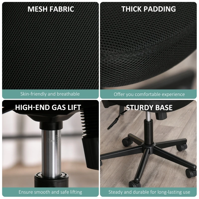 Vinsetto Swivel Mid Back Office Chair Mesh Fabric Computer Home Study Bedroom Conference Armless Leisure Chair with Wheels, Black