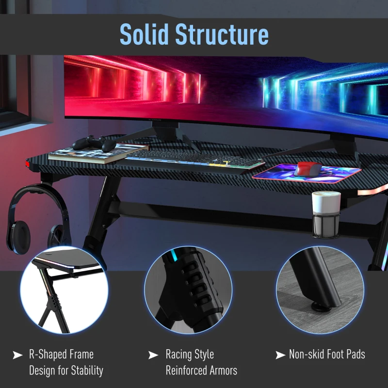 HOMCOM Gaming Desk with RGB LED Lights, Racing Style Computer Table with Carbon Fibre Surface, Cup Holder, Cable Management, Black